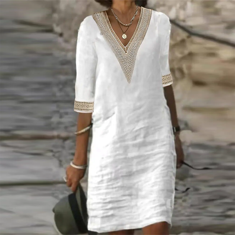 Robe d'Été Femme | Col V Dentelle, Manches 3/4 | Coupe Décontractée
