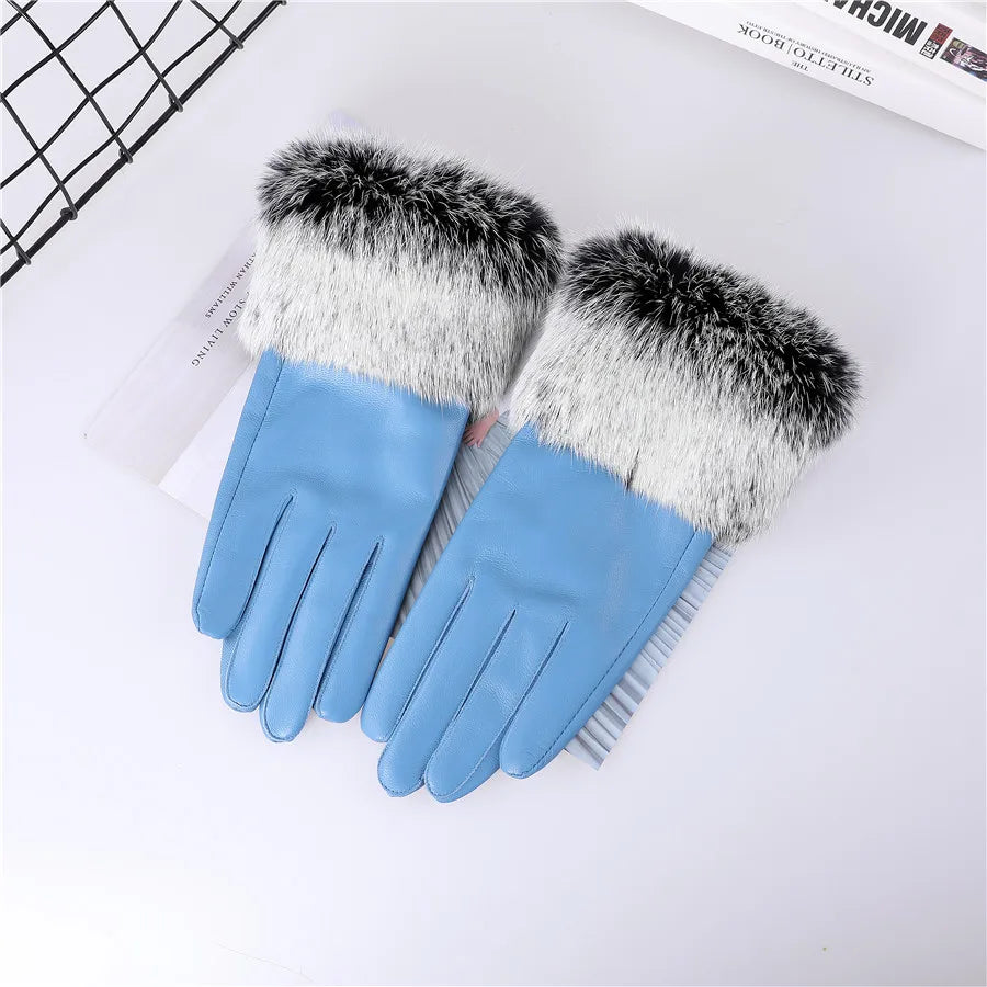 Gants cuir agneau femme doublure polaire avec poignets fourrure lapin