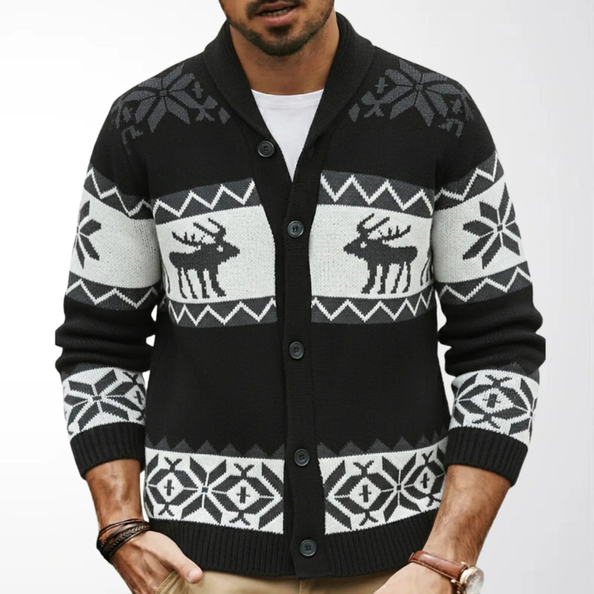 Pull de noël homme jacquard renne, cardigan maille chaude hiver