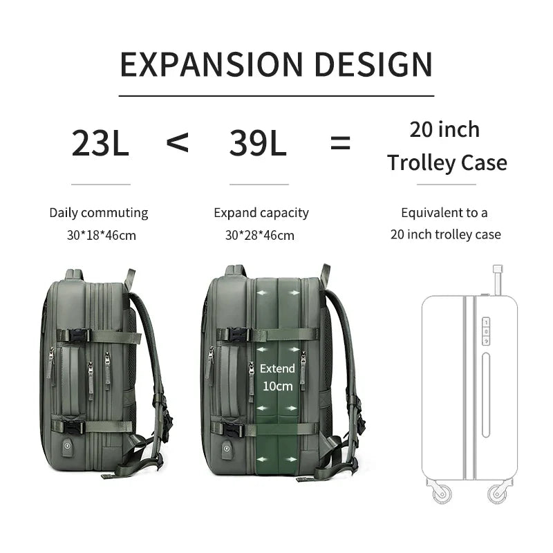 Sac à dos ordinateur imperméable USB avec compartiment 17 pouces et extensible 39L