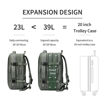 Sac à dos ordinateur imperméable USB avec compartiment 17 pouces et extensible 39L