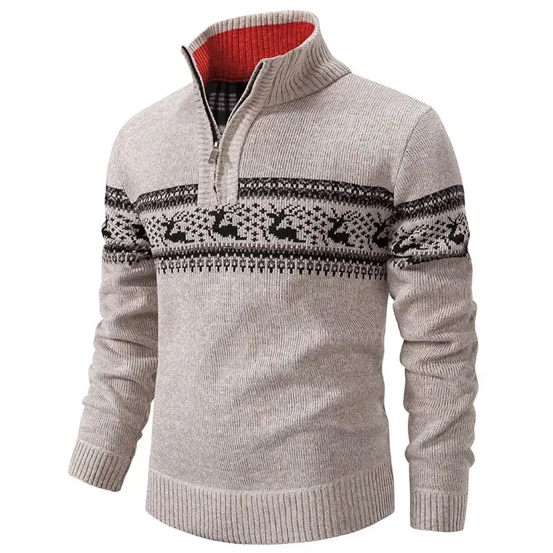 Pull homme col zippé jacquard à manches longues en maille épaisse