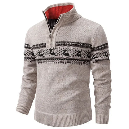 Pull homme col zippé jacquard à manches longues en maille épaisse