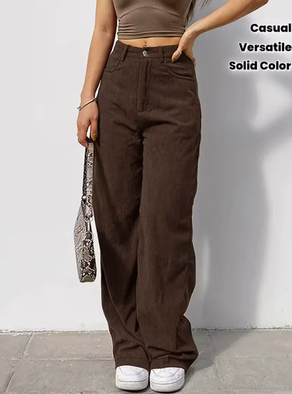 Pantalon velours côtelé femme large marron taille moyenne