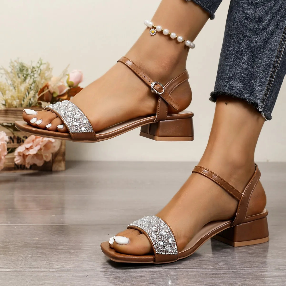 Sandales Femme Été | Talon Carré, Strass | Confortables