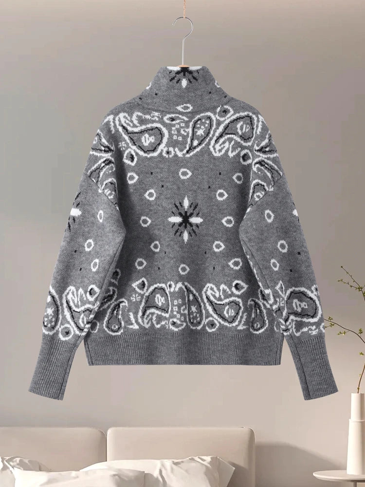 Cardigan femme tricoté jacquard col montant zippé manches longues coupe ample