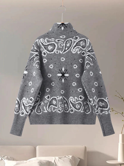 Cardigan femme tricoté jacquard col montant zippé manches longues coupe ample
