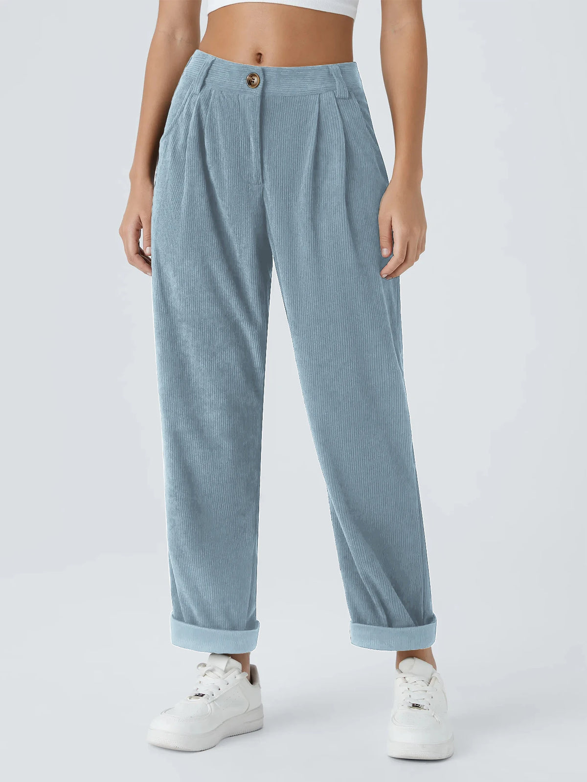 Pantalon velours femme jambe large coupe droite taille mi-haute casual automne hiver