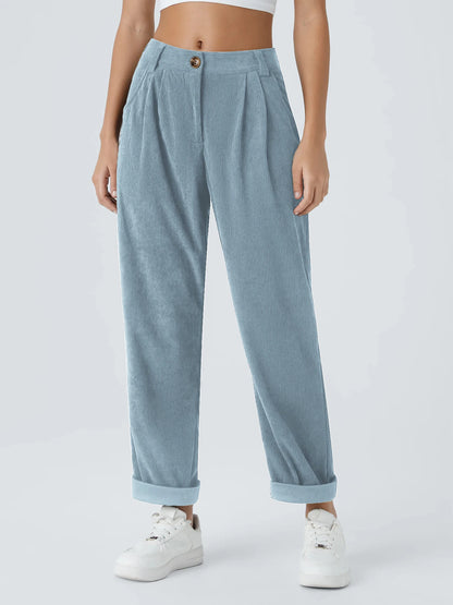 Pantalon velours femme jambe large coupe droite taille mi-haute casual automne hiver