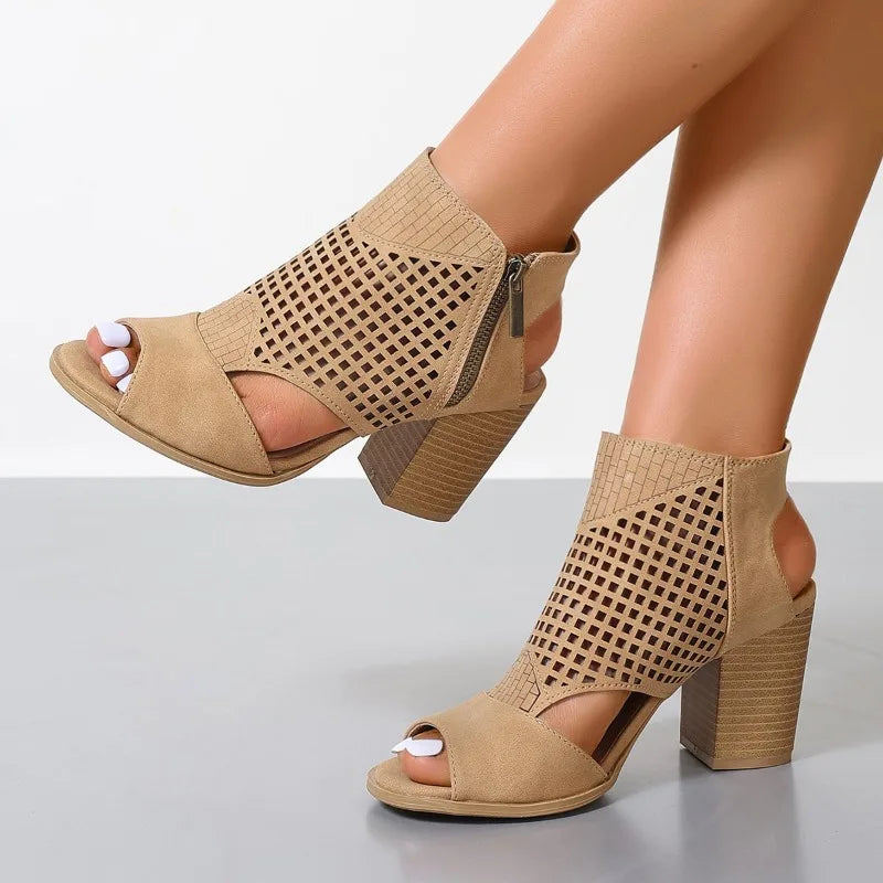Sandales femme à talon chunky | Khaki, fermeture éclair, ouverture arrière