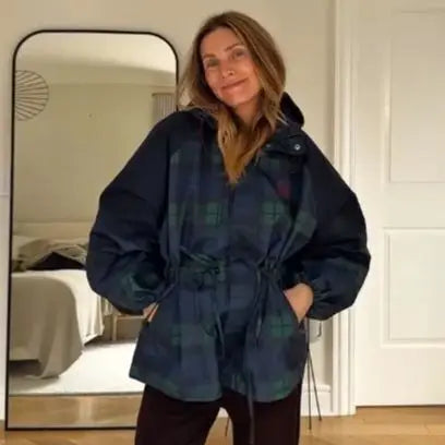 Veste femme à capuche carreaux bleu-vert coupe ample avec cordon de serrage