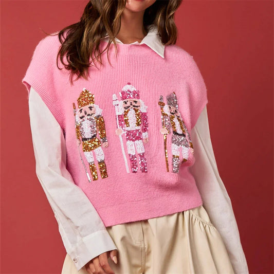 Pull de Noël femme gilet sequins paillettes motif Casse-Noisette sans manches