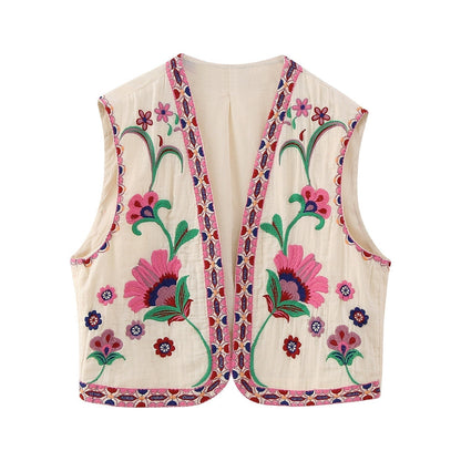 Gilet Femme | Fleurs Brodées Vintage | Style Romantique