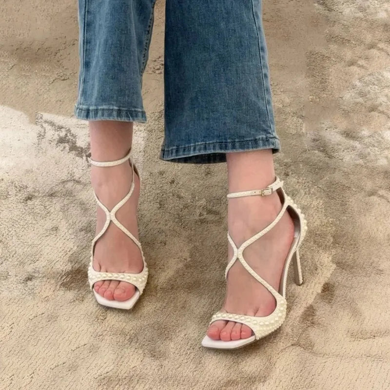 Sandales Talons Hauts Femme | Bride Perles, Ouverture Avant, Blanc