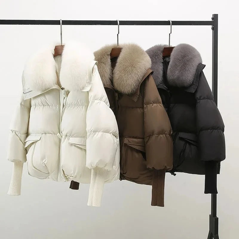Doudoune longue femme col fourrure en coton matelassé chaude