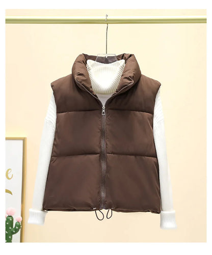 Doudoune courte femme sans manches col montant zippée coupe casual matelassée
