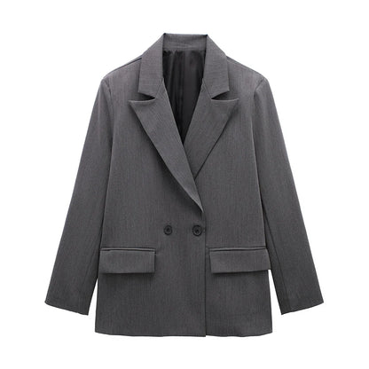 Blazer femme double boutonnage manches longues col en V cranté