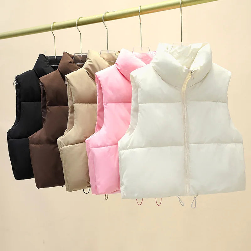 Doudoune courte femme sans manches col montant zippée coupe casual matelassée