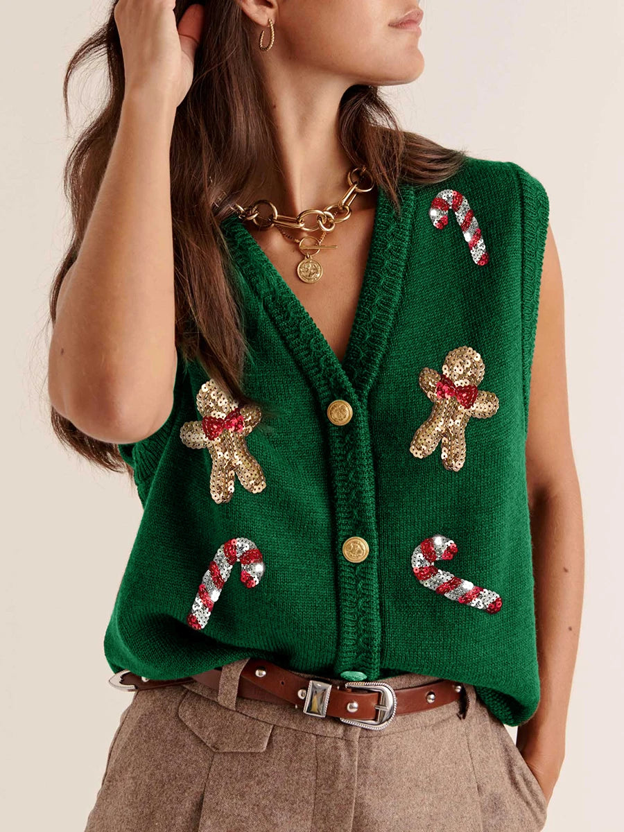 Pull de Noël femme gilet sequins paillettes motif Casse-Noisette sans manches