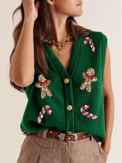 Pull de Noël femme gilet sequins paillettes motif Casse-Noisette sans manches