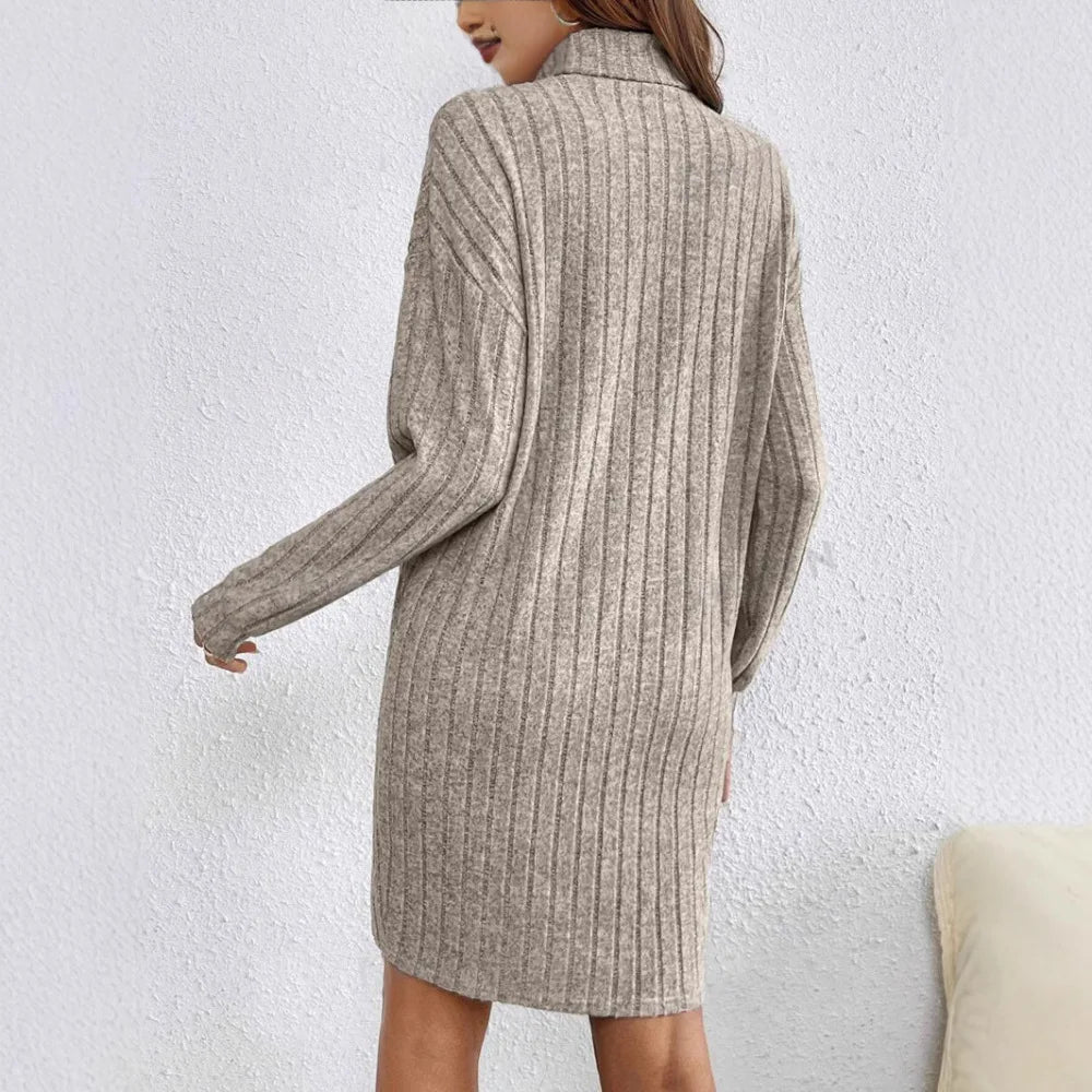 Robe pull femme mini col roulé manches longues maille côtelée