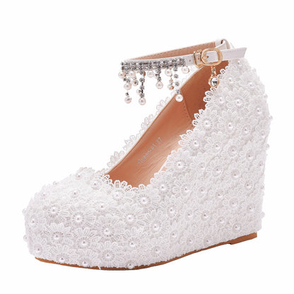 Sandales mariage ivoire strass talons compensés femme bout rond bride boucle