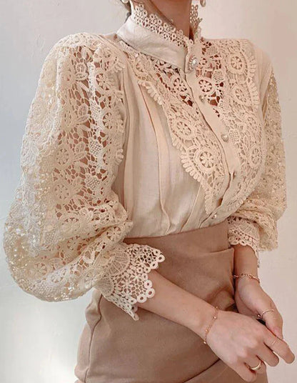 Chemise Col Haut Manches Bouffantes Dentelle Femme