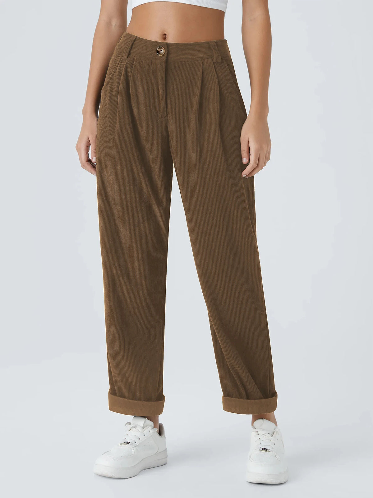 Pantalon velours femme jambe large coupe droite taille mi-haute casual automne hiver