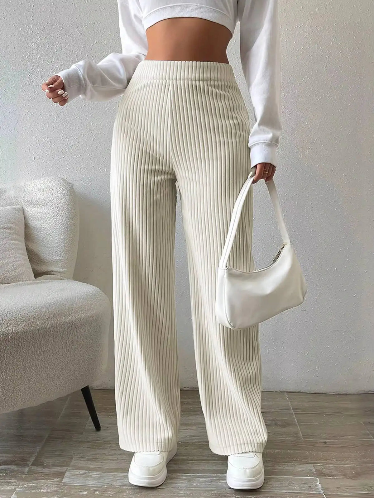 Pantalon velours femme jambe large taille haute chaud hiver couleur unie