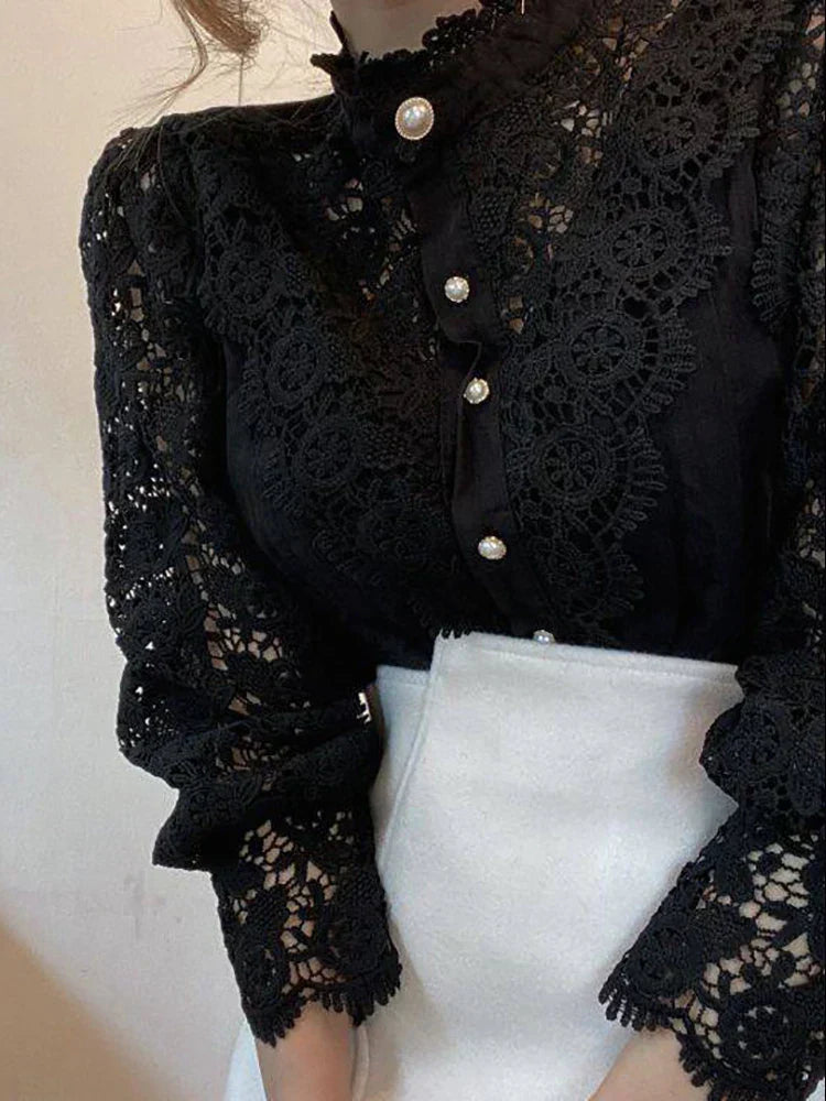 Chemise Col Haut Manches Bouffantes Dentelle Femme