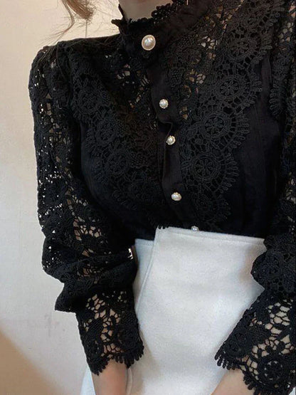 Chemise Col Haut Manches Bouffantes Dentelle Femme