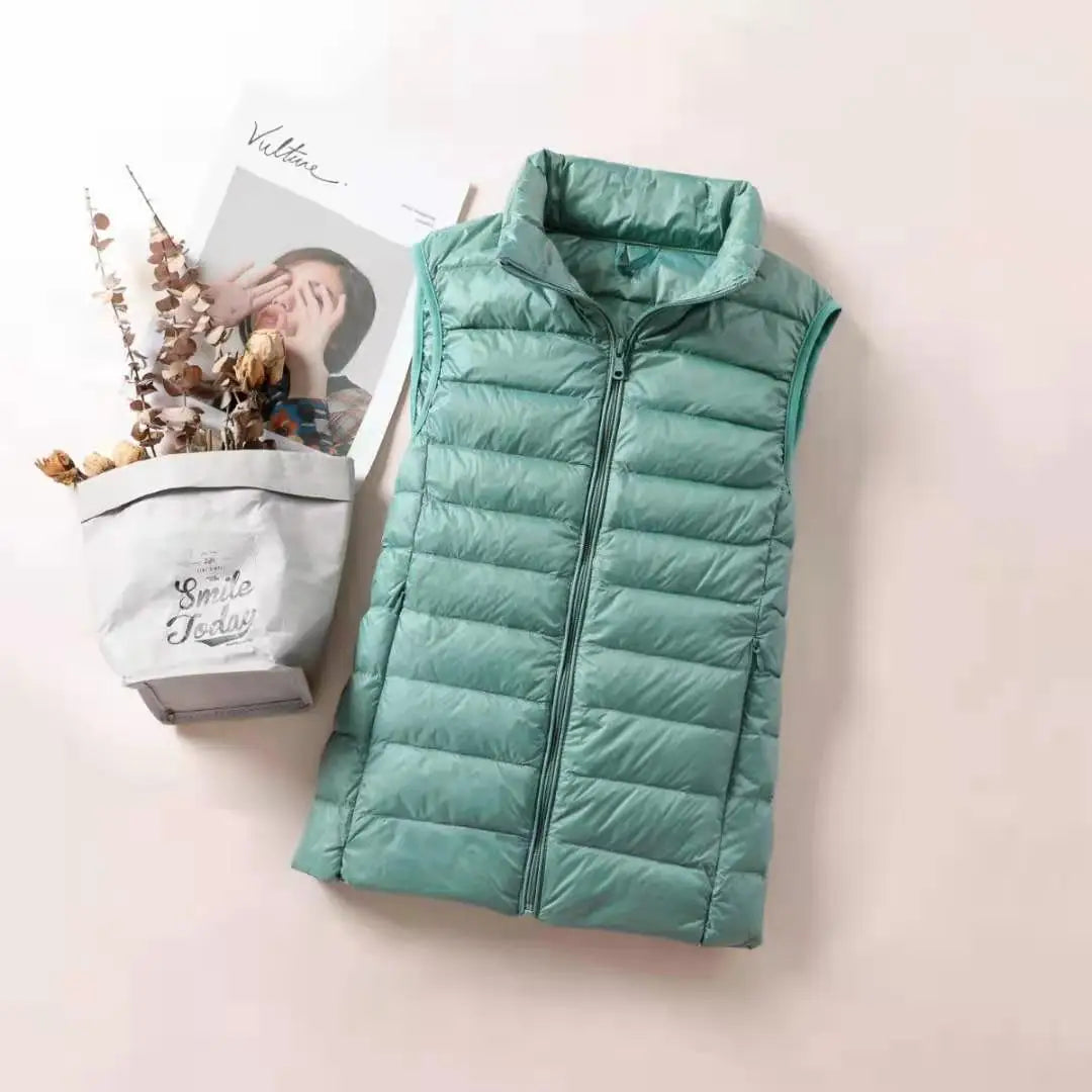 Doudoune légère compressible femme sans manches en duvet, coupe slim