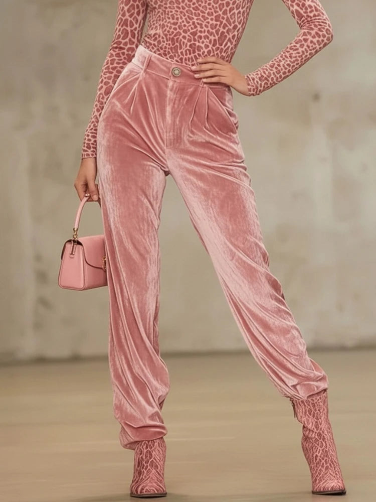 Pantalon velours femme taille haute plissé