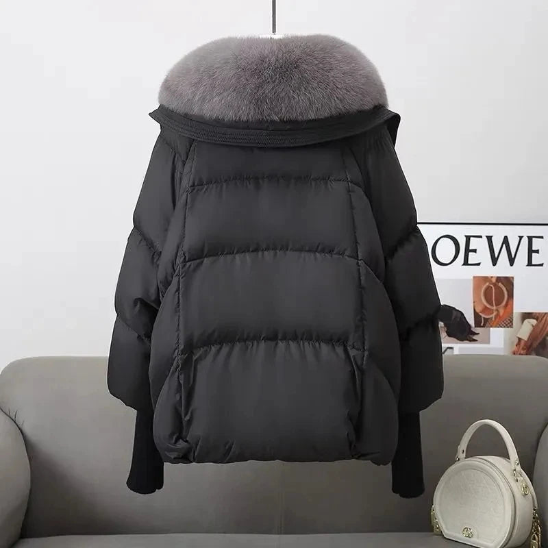 Doudoune longue femme col fourrure en coton matelassé chaude