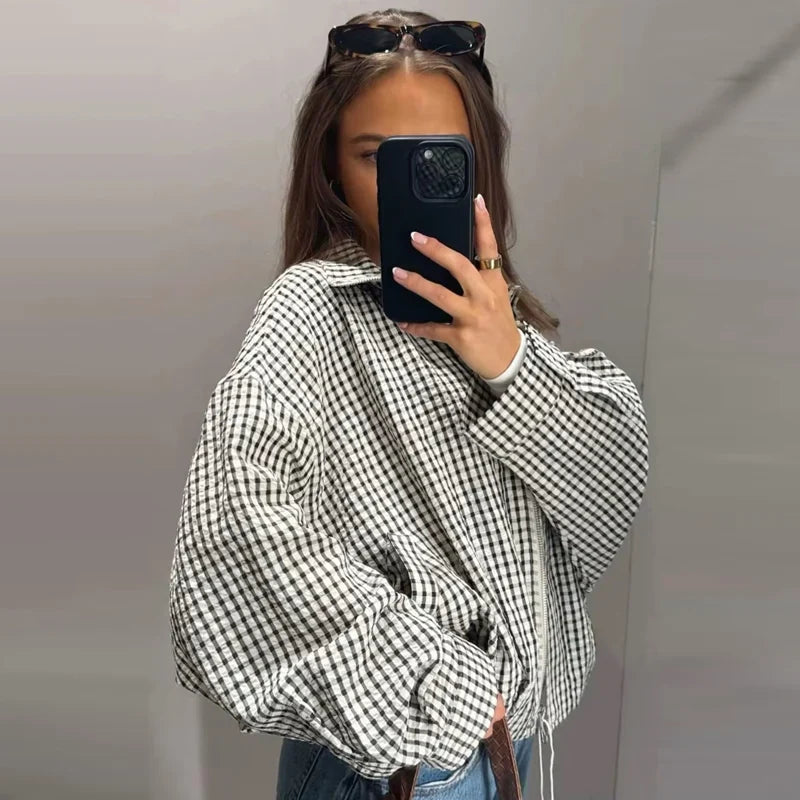 Veste Bomber Femme | Oversize, Manches Longues | Carreaux
