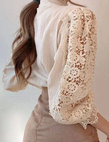 Chemise Col Haut Manches Bouffantes Dentelle Femme