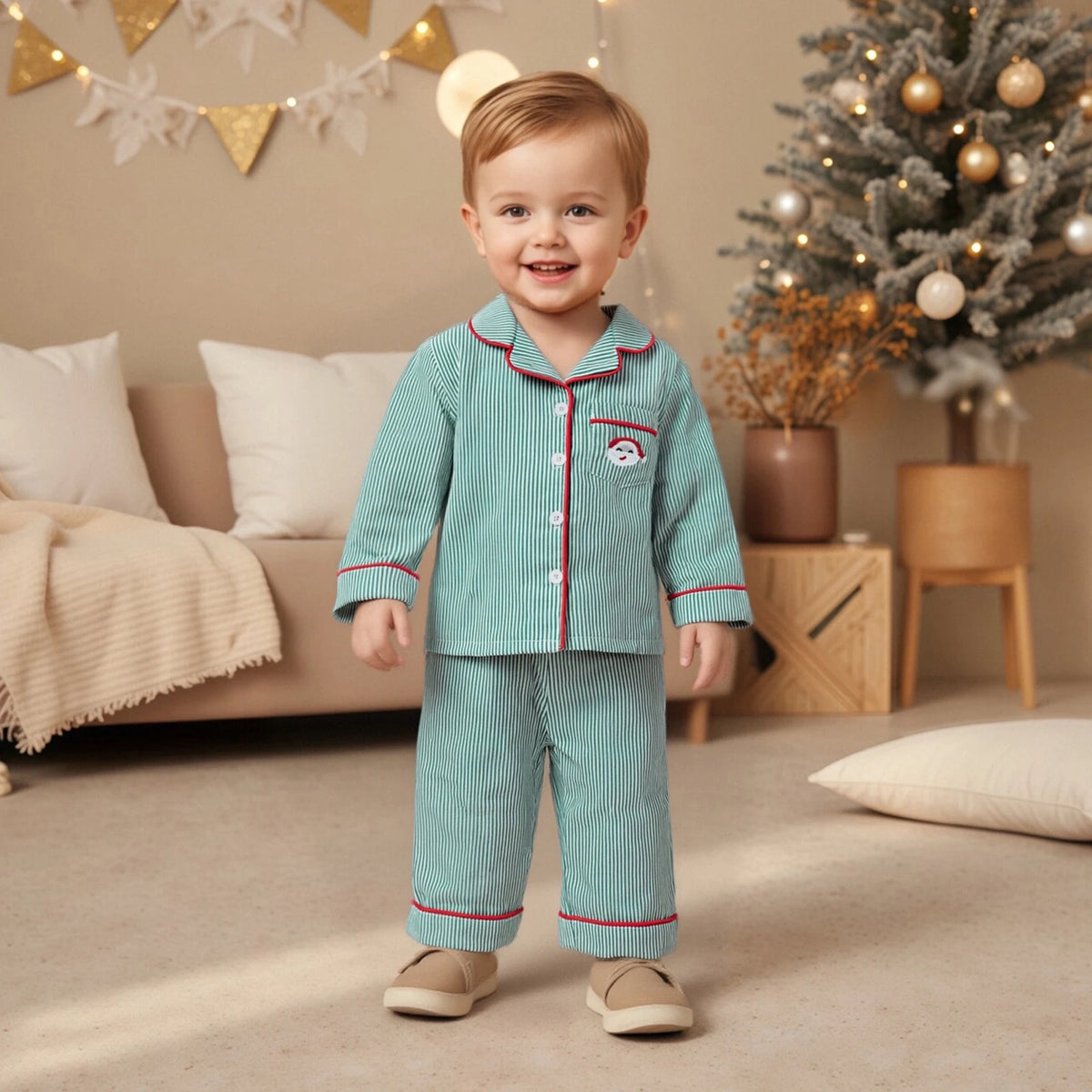 Pyjama Noël garçon 2 pièces rayé broderie Père Noël manches longues