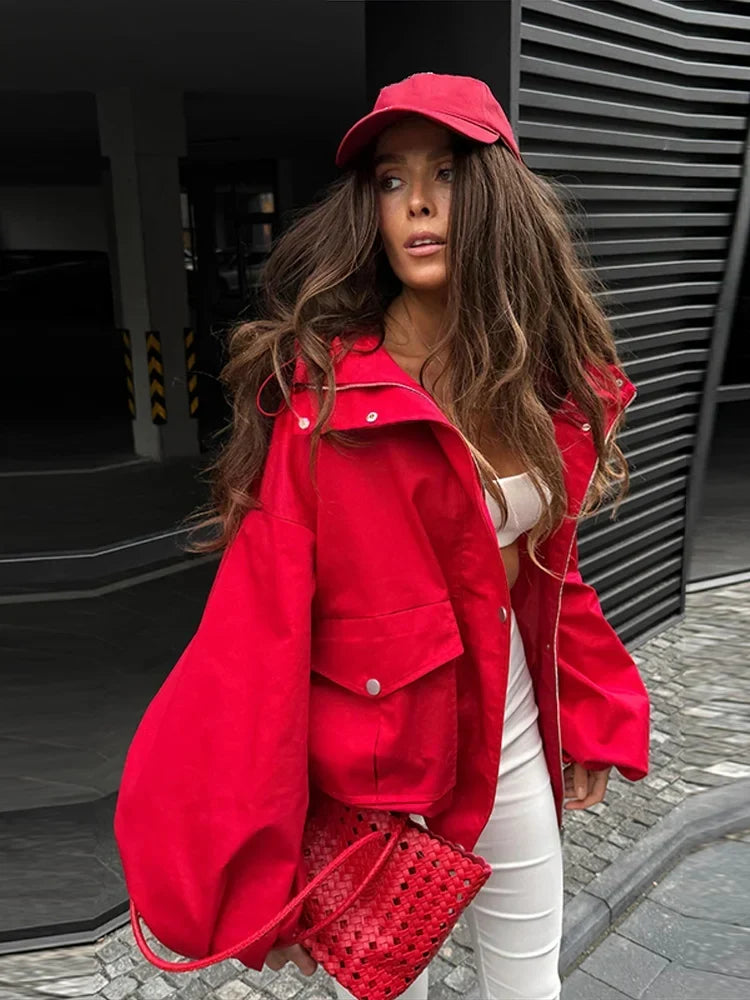 Veste bomber femme manches larges col montant coupe décontractée