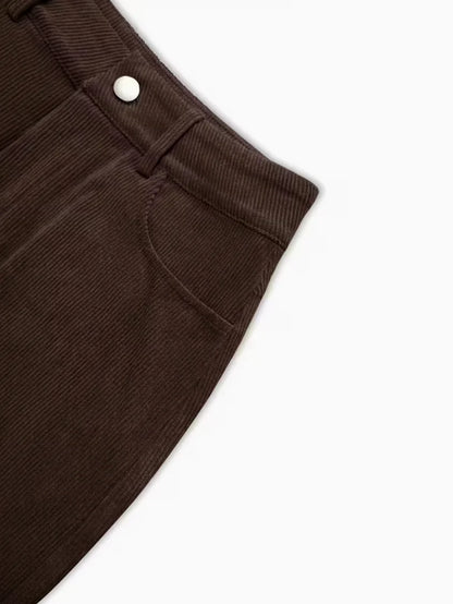 Pantalon velours côtelé femme large marron taille moyenne