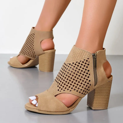 Sandales femme à talon chunky | Khaki, fermeture éclair, ouverture arrière