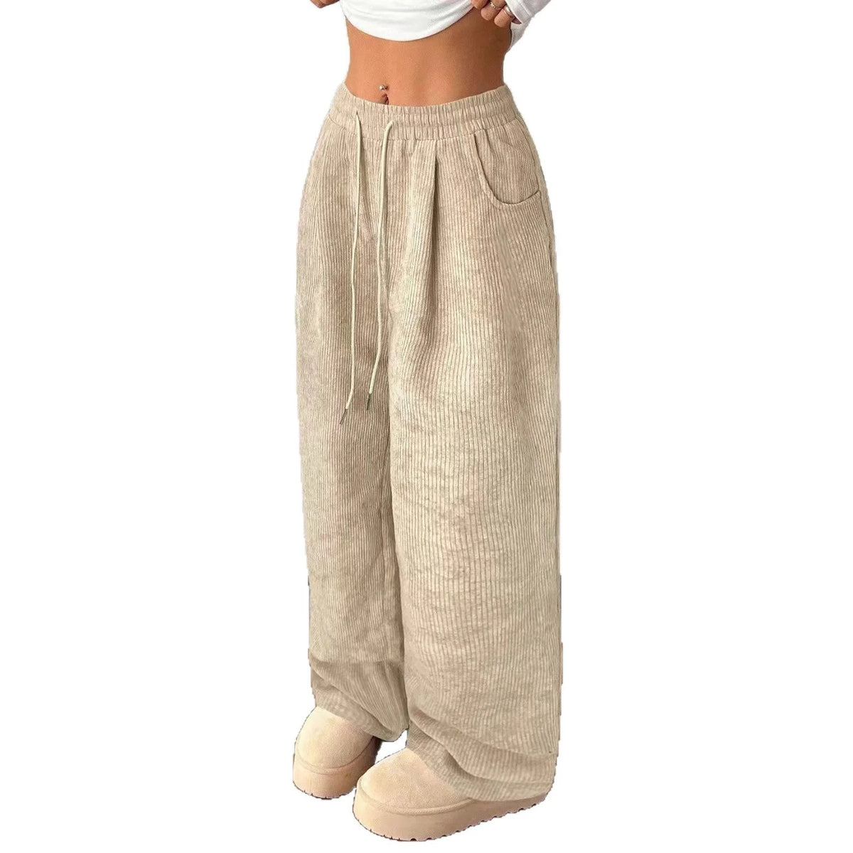 Pantalon velours femme taille élastique coupe large droite hiver