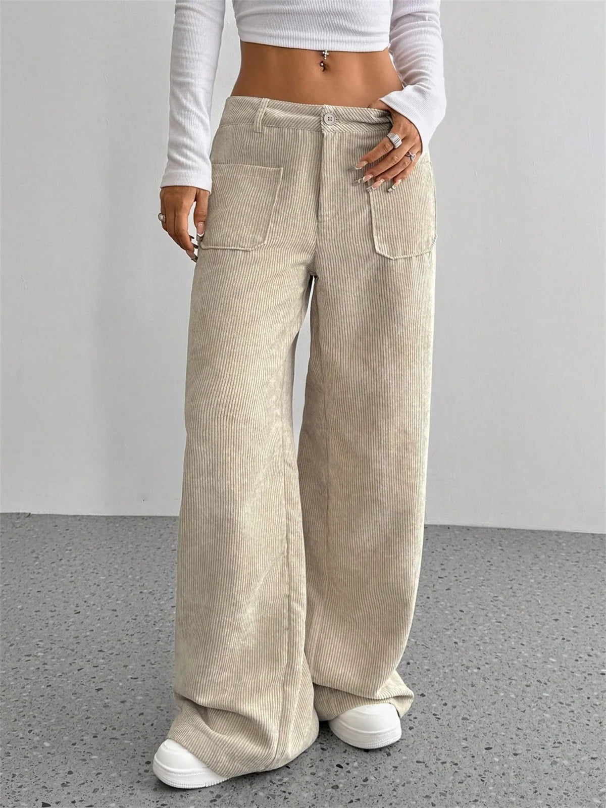 Pantalon velours femme côtelé jambe large taille haute hiver