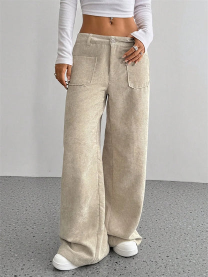 Pantalon velours femme côtelé jambe large taille haute hiver