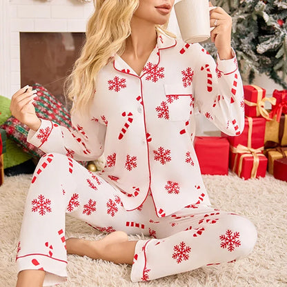 Pyjama Noël femme manches longues imprimé flocons col rabattu ensemble deux pièces