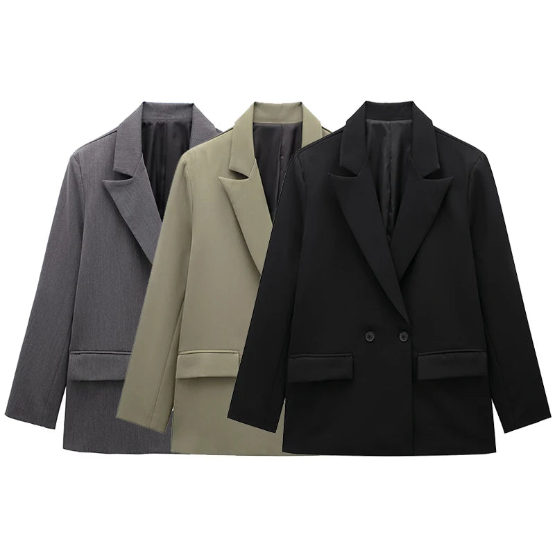 Blazer femme double boutonnage manches longues col en V cranté
