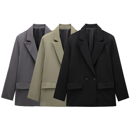 Blazer femme double boutonnage manches longues col en V cranté