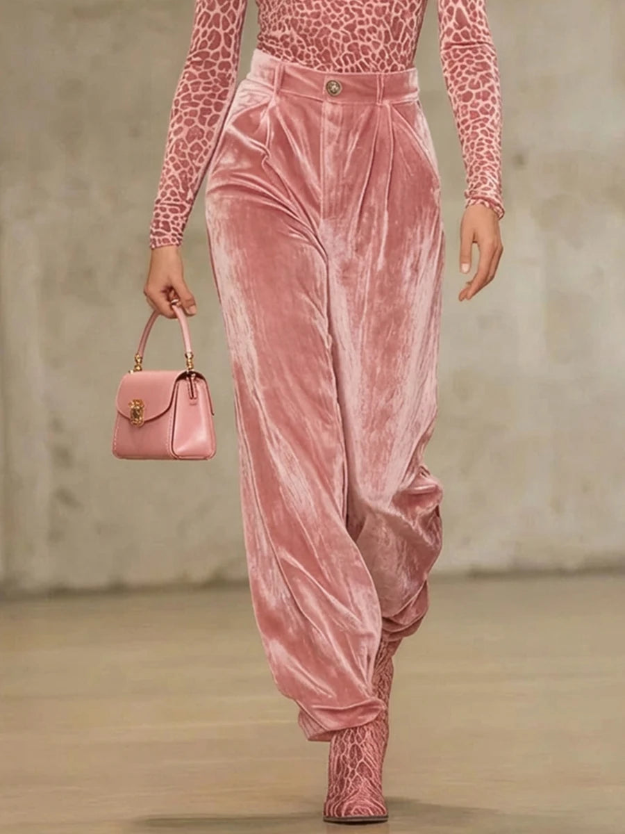 Pantalon velours femme taille haute plissé
