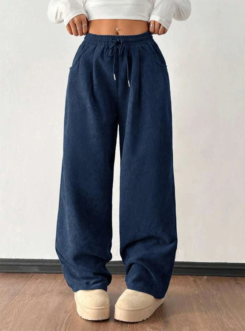 Pantalon velours femme taille élastique coupe large droite hiver