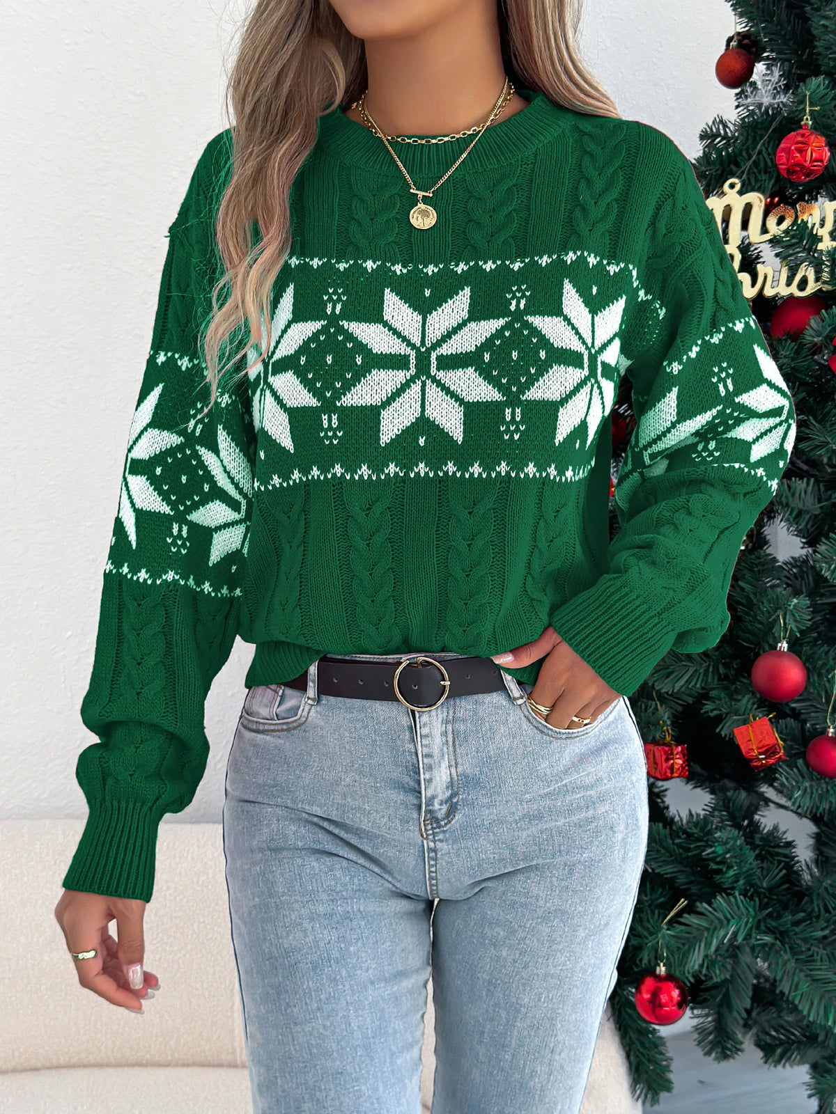 Pull de Noël femme motif flocon de neige col rond manches longues tricoté
