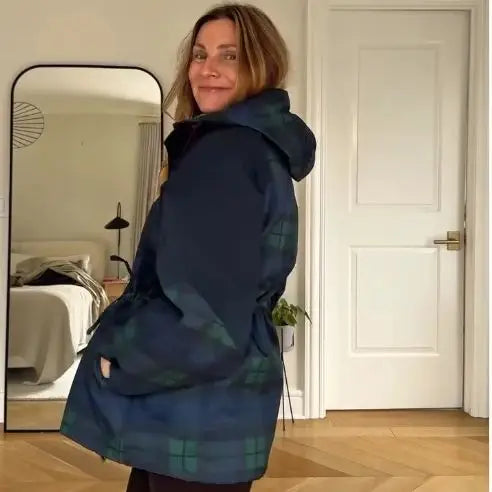 Veste femme à capuche carreaux bleu-vert coupe ample avec cordon de serrage